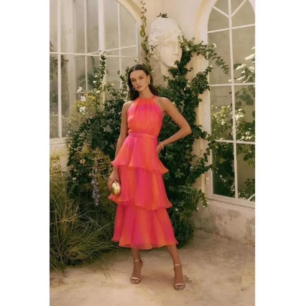 H12 Yaura Pink Orange Ombre Organza Tiered Ruffle Halter Midi Dress UK 6 US 2